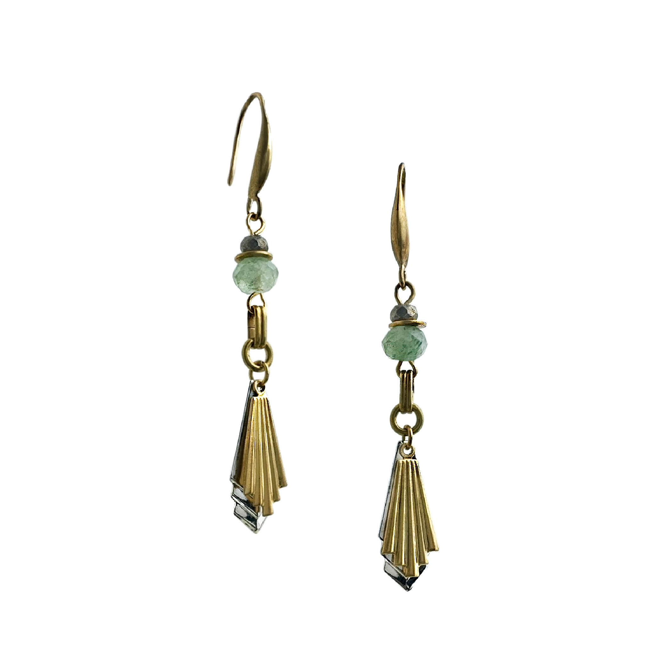 A textural deco-inspired pair of long drop earrings featuring green strawberry quartz and pyrite stones, brass links with layered silver-plated brass and vintage brass charms. Handcrafted by Alysian.