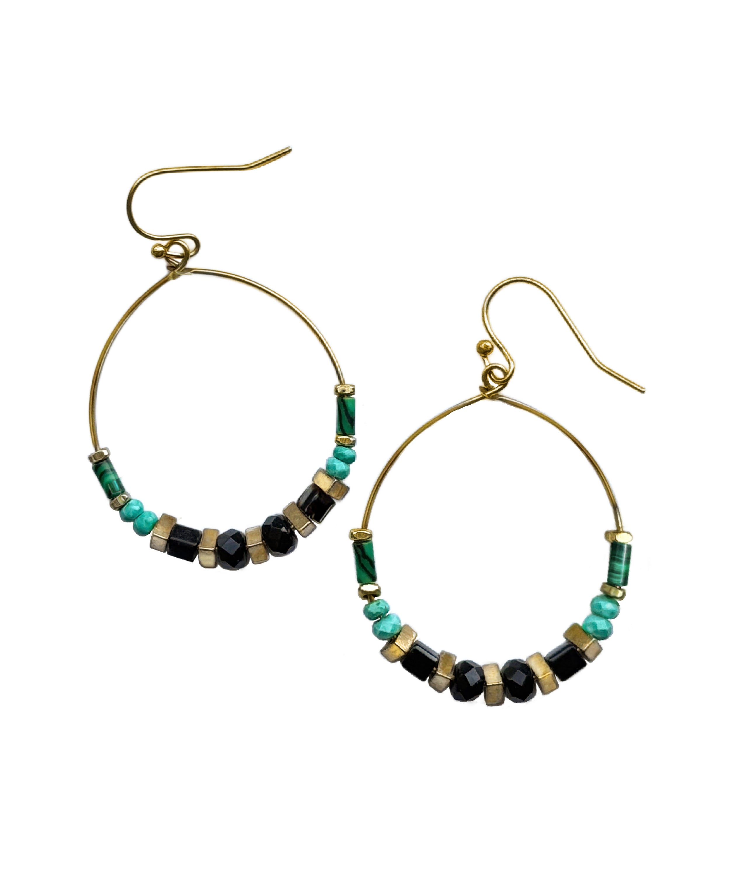 Pair brass hoop earrings with malachite and turquoise gemstones, vintage jet glass and brass accents – A handcrafted beaded hoop earring by Alysian.