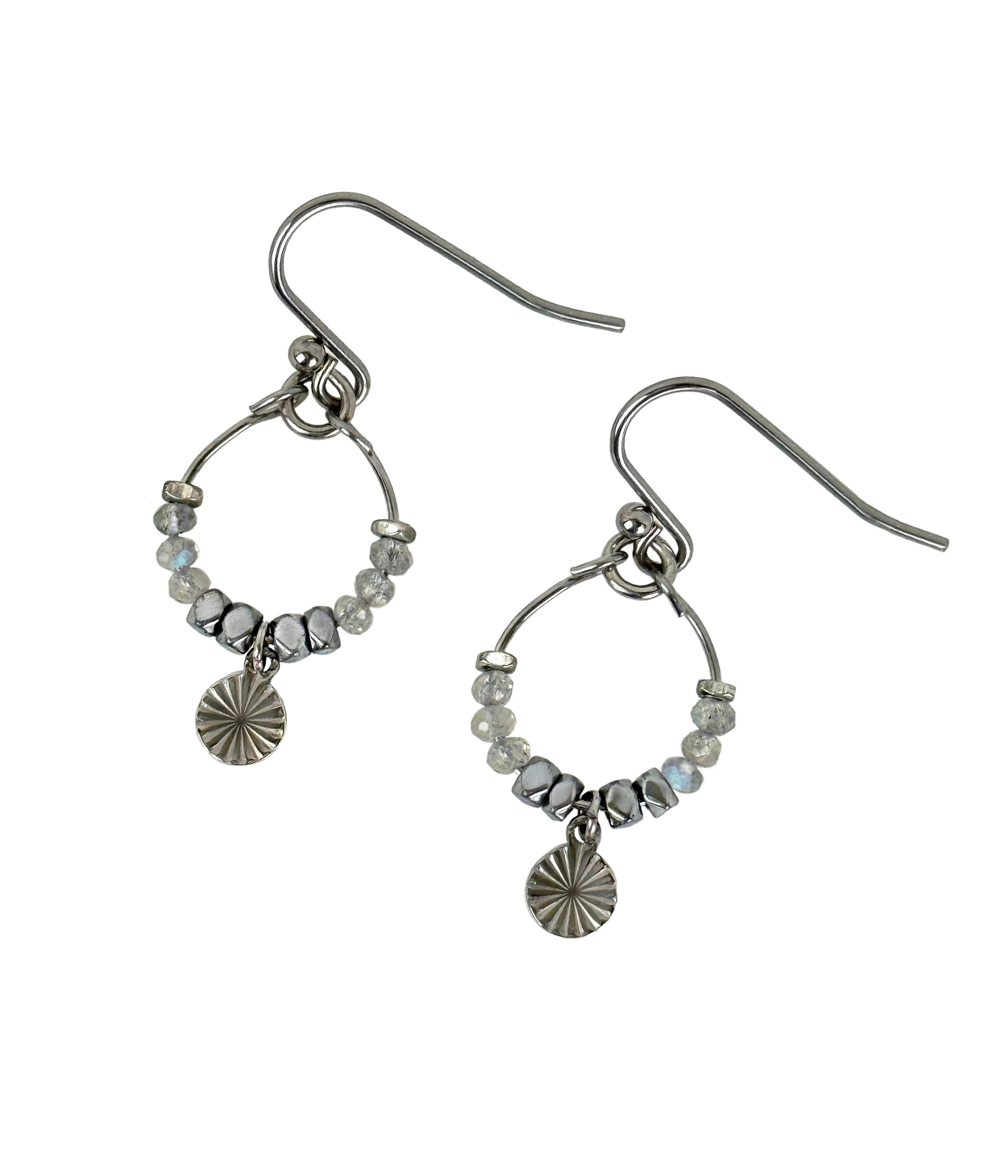 Stainless steel Nara labradorite gemstone beaded hoop with coin drop handcrafted by Alysian.