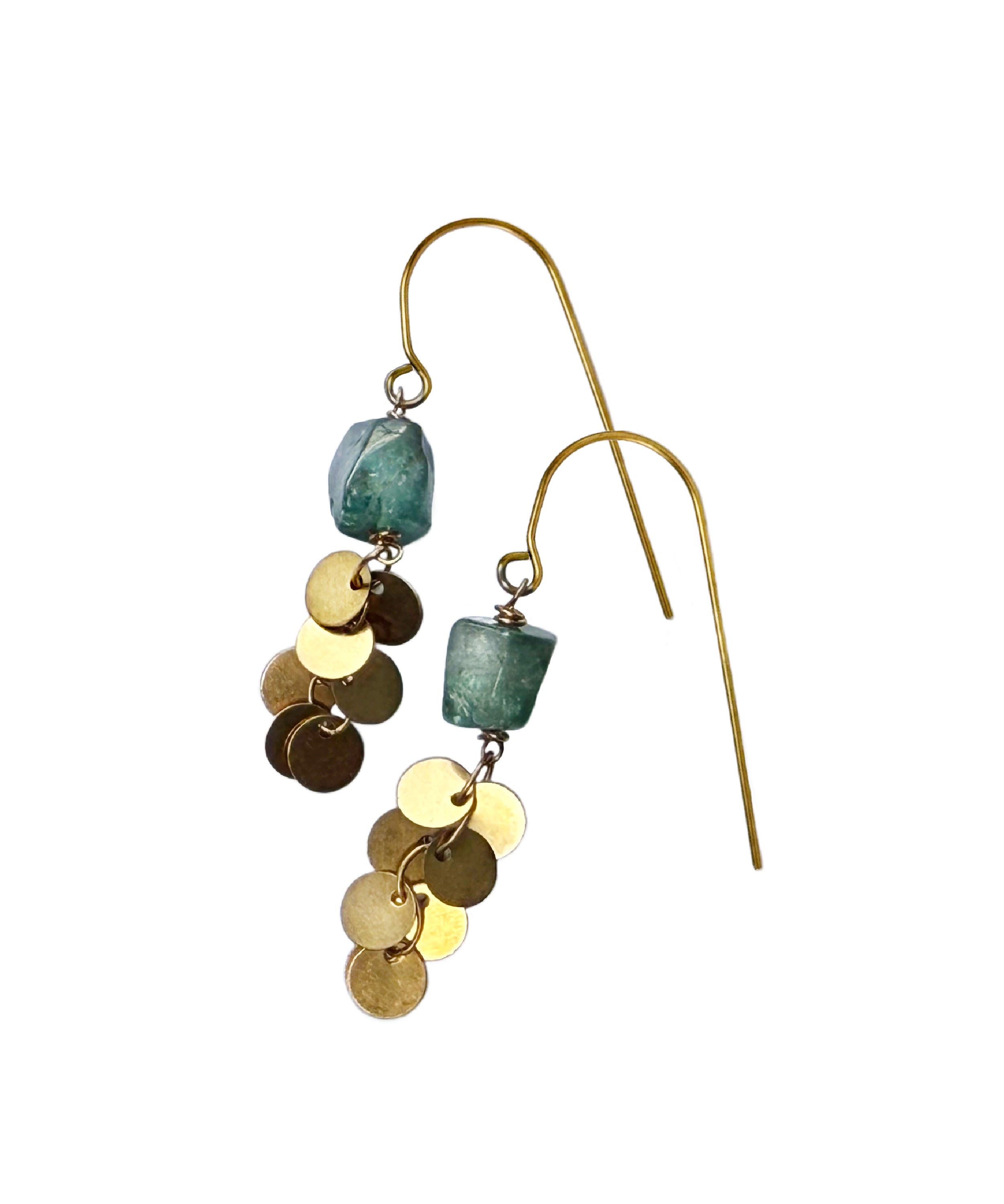 A pair of the Sedna Apatite drop earrings with organic-shaped smooth apatite stones and cascading brass discs beneath, handcrafted by Alysian.