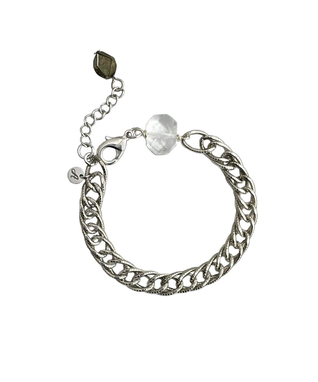 A bracelet of vintage silver-plated brass textured chain, with modern clear quartz crystal and pyrite stones. Handcrafted by Alysian. 