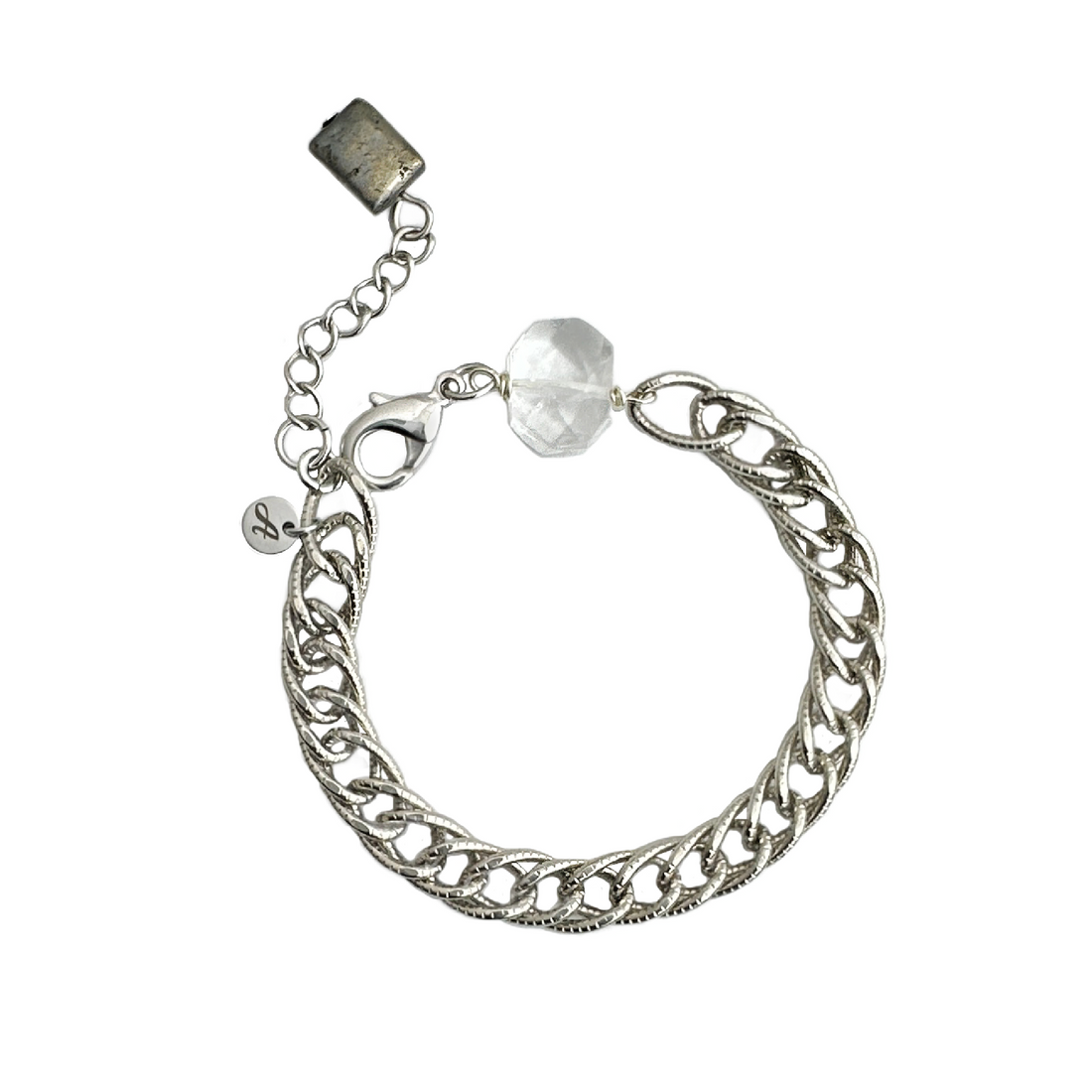 A bracelet of vintage silver-plated brass textured chain, with modern clear quartz crystal and pyrite stones. Handcrafted by Alysian. 