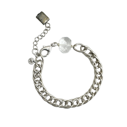 A bracelet of vintage silver-plated brass textured chain, with modern clear quartz crystal and pyrite stones. Handcrafted by Alysian. 