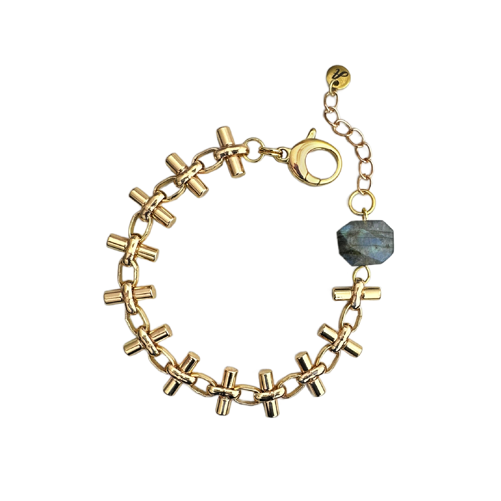 A gold-plated brass statement bracelet with a unique bar chain design and a faceted gray labradorite gemstone. Handcrafted by Alysian. 