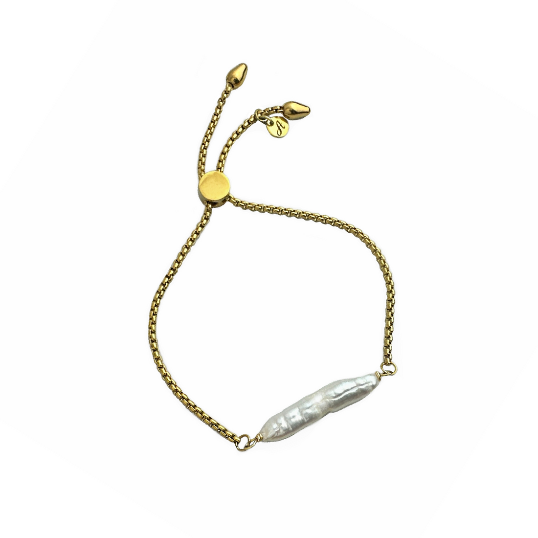A gold-colored stainless steel metal chain slider bracelet featuring a freshwater biwa pearl centerpiece. Handcrafted by Alysian.