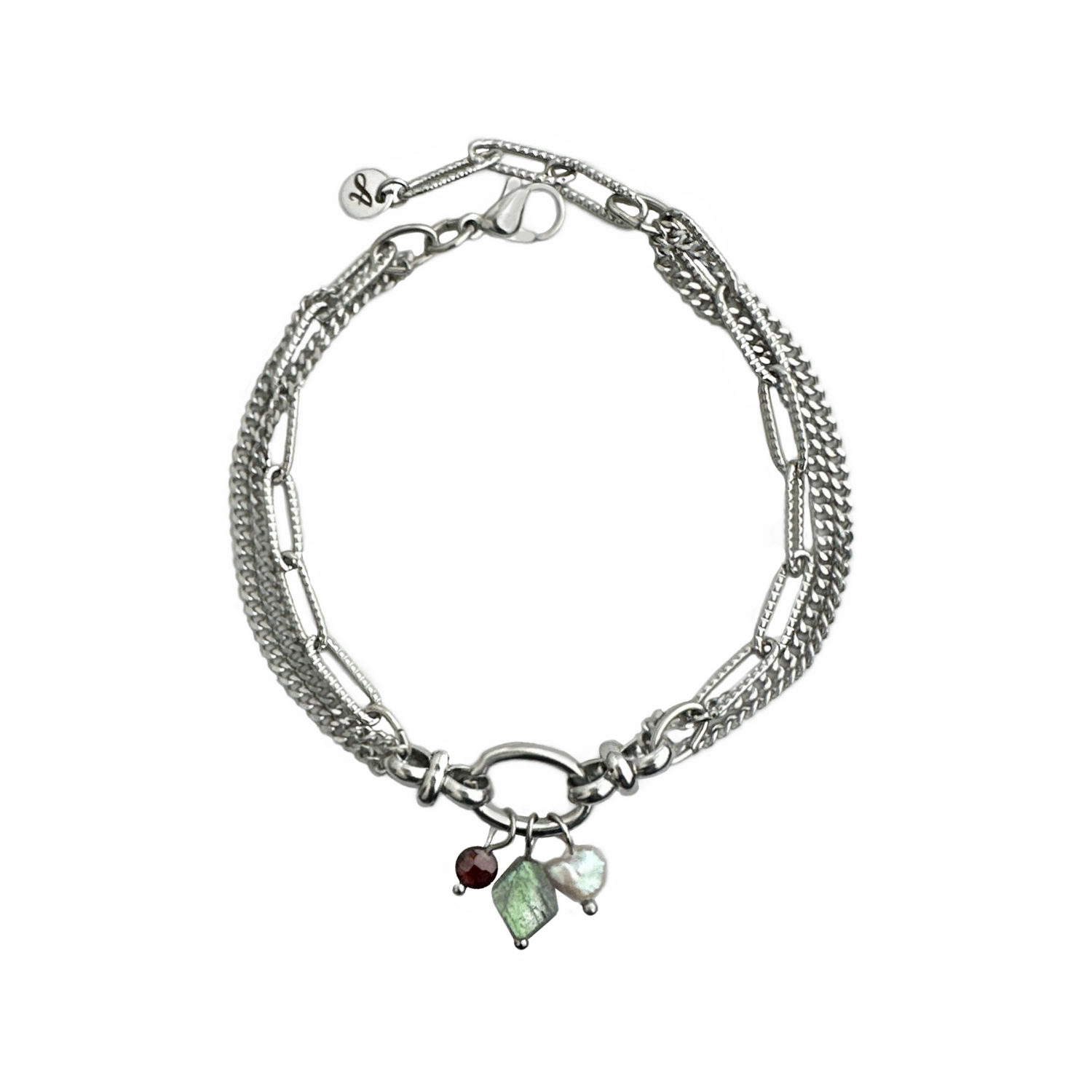 A silver tone stainless steel bracelet of three rows of chain with a freshwater pearl and labradorite and garnet stones dangling from a center oval link. Handcrafted by Alysian.