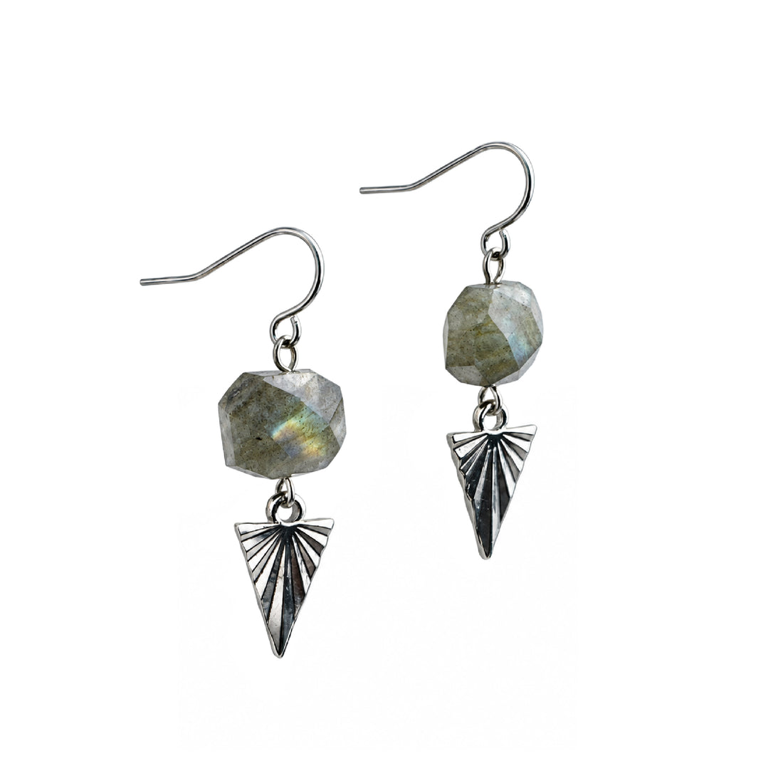 A pair of edgy everyday Reina Labradorite Earrings – A handcrafted earring by Alysian.