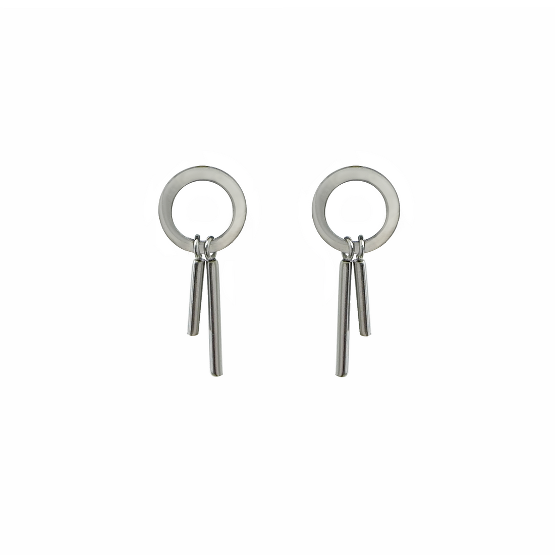 A sleek pair of circular design stainless steel post earrings with two dangling bars as modern fringe. 