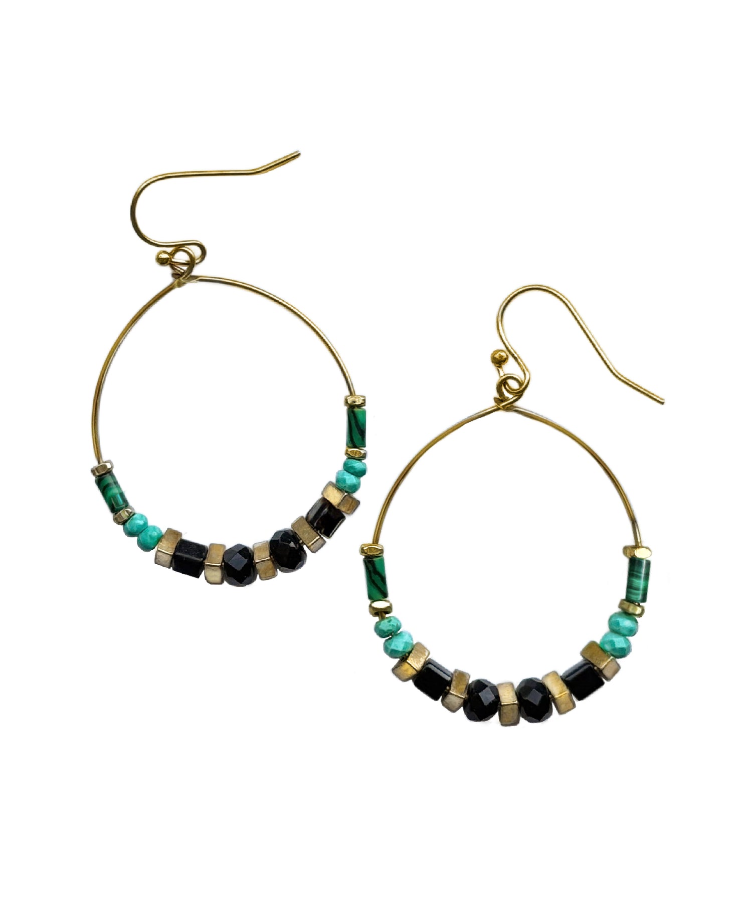 Pair brass hoop earrings with malachite and turquoise gemstones, vintage jet glass and brass accents  – A handcrafted beaded hoop earring by Alysian.