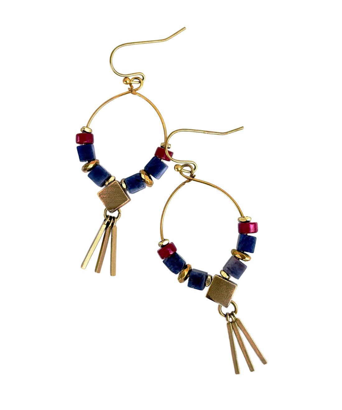 Pair brass hoop earrings with blue sodalite gemstones and ruby jade and gold-plated hematite accents and brass metal fringe – A handcrafted beaded hoop earring by Alysian.