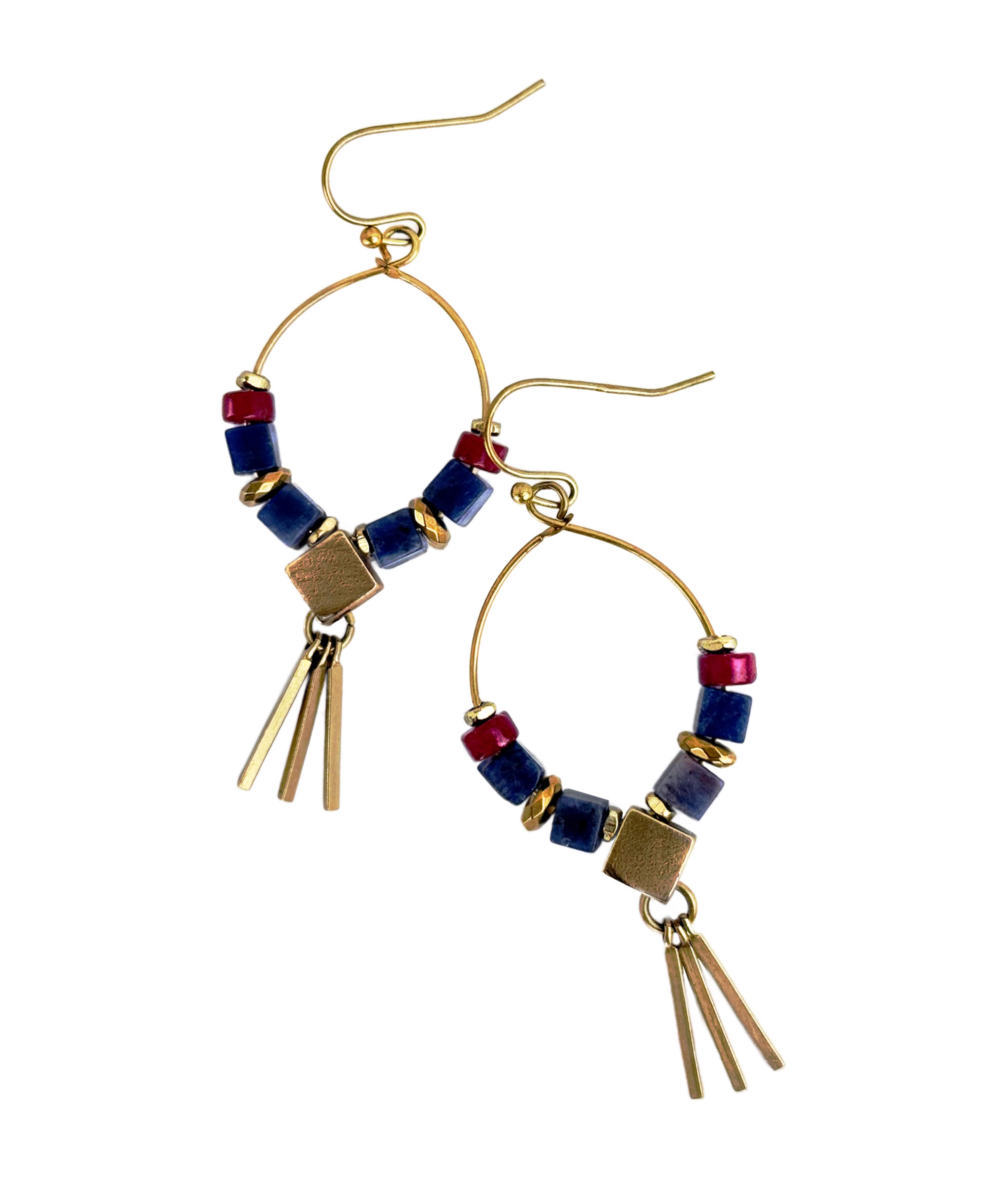 Pair brass hoop earrings with blue sodalite gemstones and ruby jade and gold-plated hematite accents and brass metal fringe – A handcrafted beaded hoop earring by Alysian.