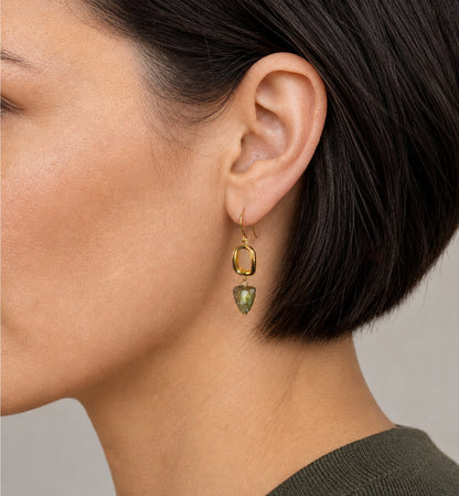 A close-up side profile of a woman wearing a Brynn Labradorite Earring – A handcrafted earrings by Alysian.