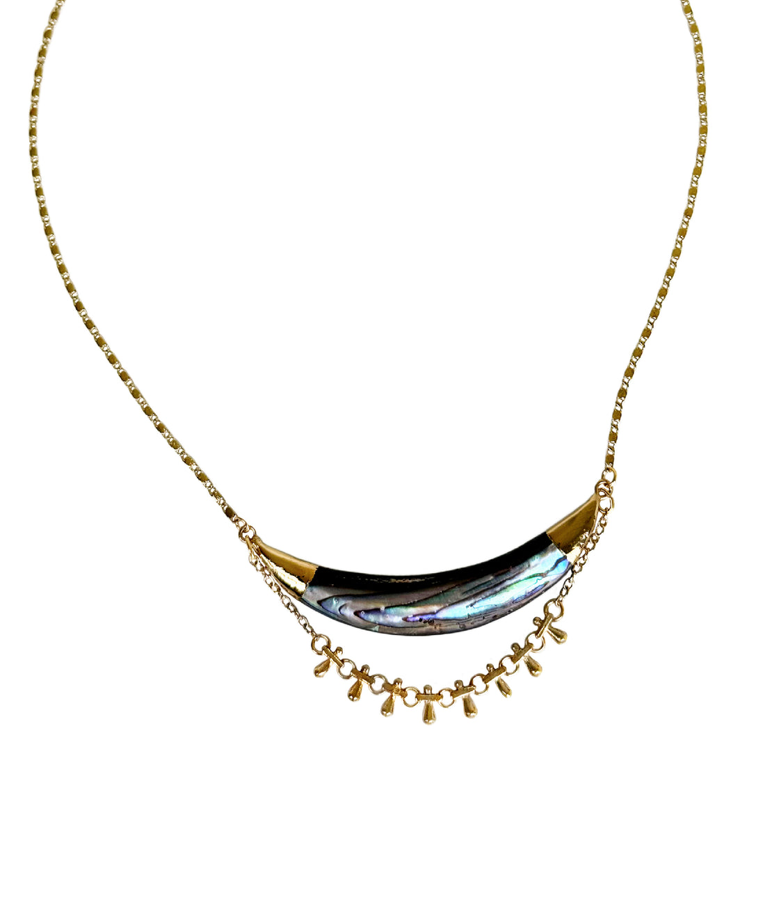 Darya Abalone Crescent Necklace with abalone and vintage chain, handcrafted by Alysian.