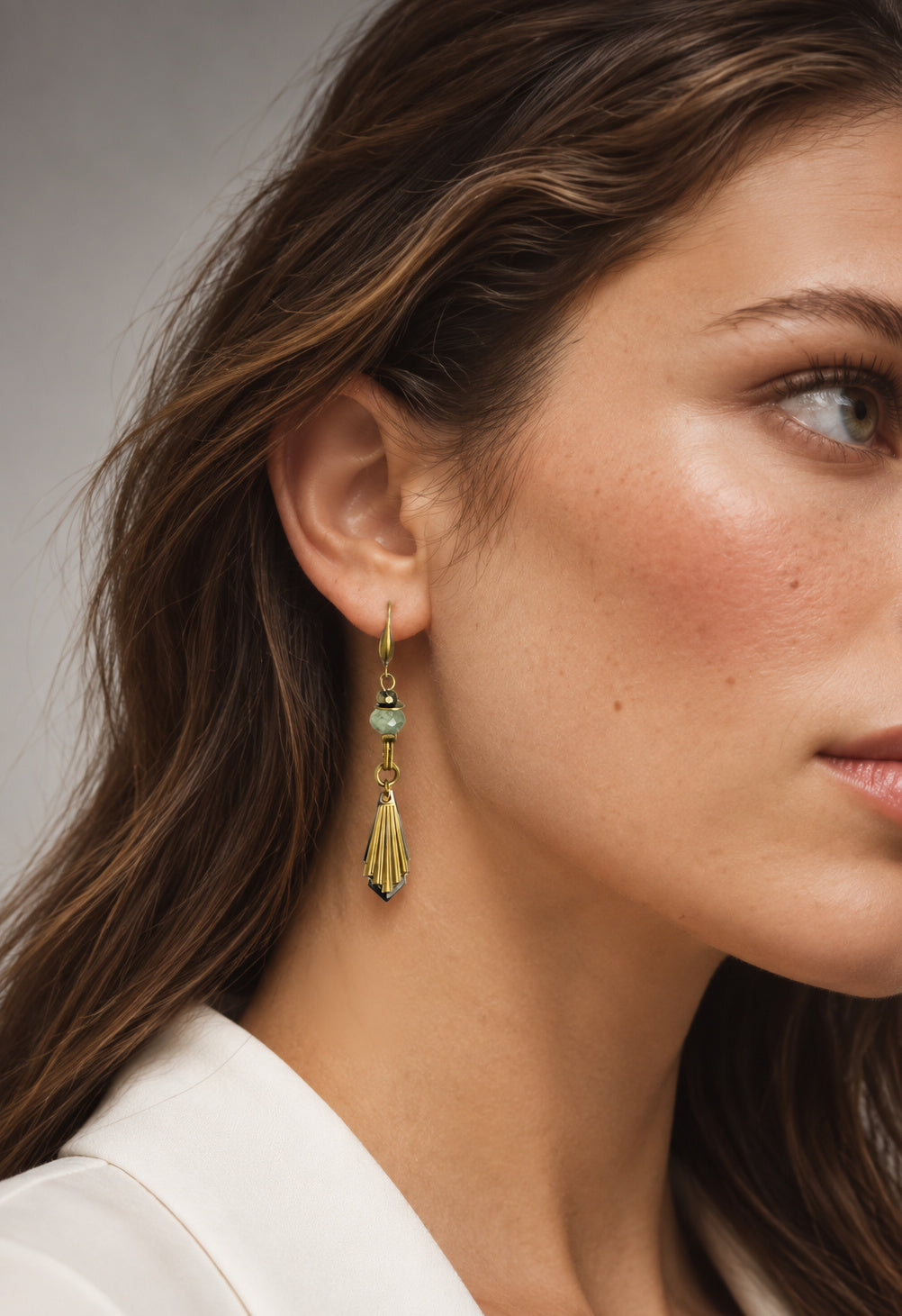 Dorian Deco Earring worn by a model – Handcrafted earrings with vintage links and gemstones by Alysian.