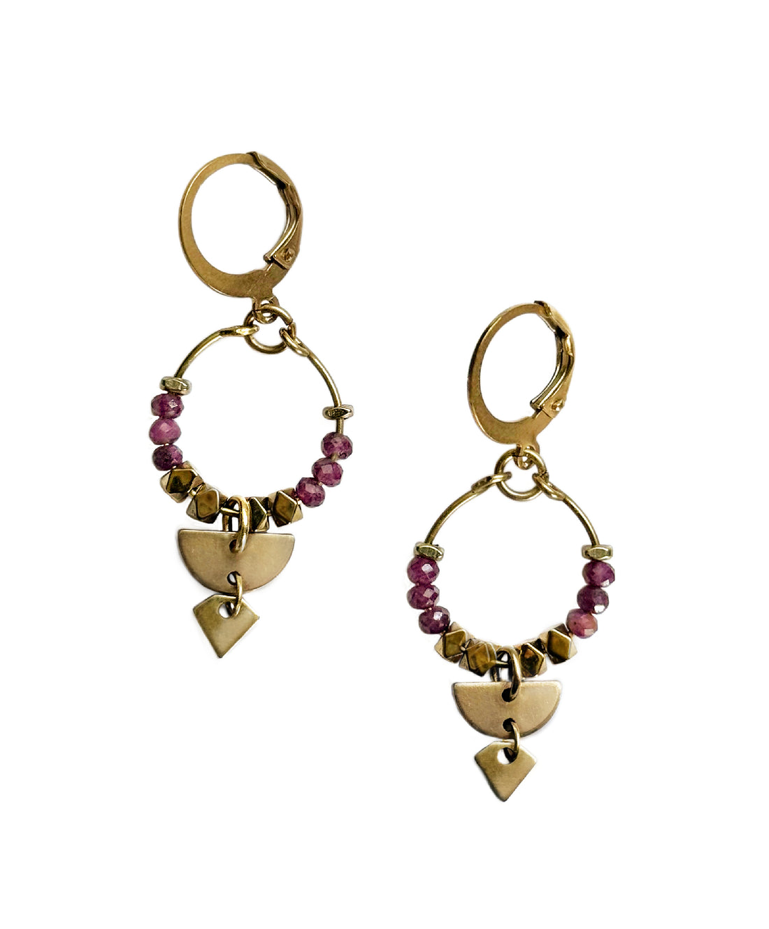 Pair of Islene ruby mini hoop earrings with gold-plated hematite and brass details - handcrafted by Alysian.