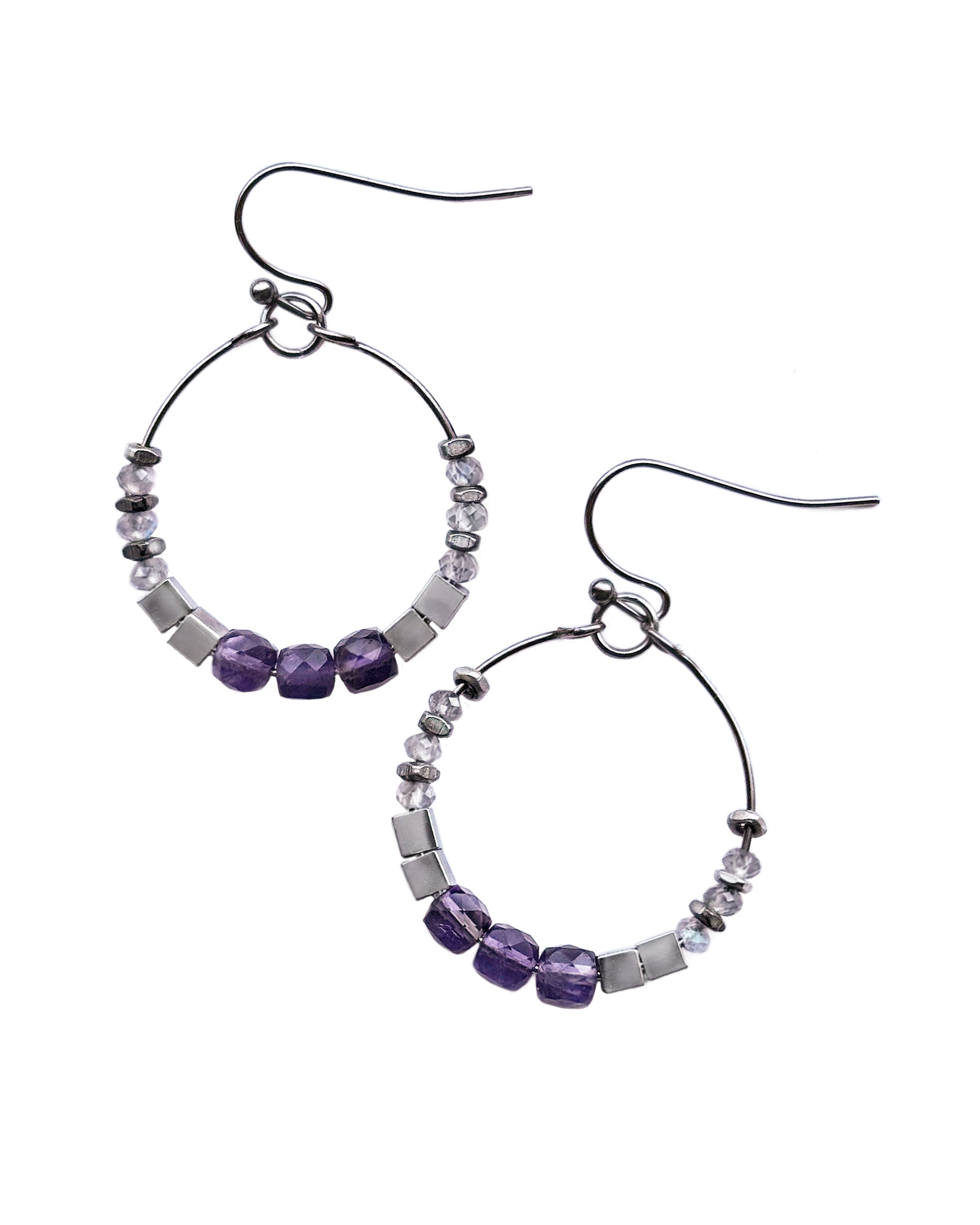 Handcrafted labradorite and amethyst gemstone beaded stainless steel hoop earrings by Alysian.