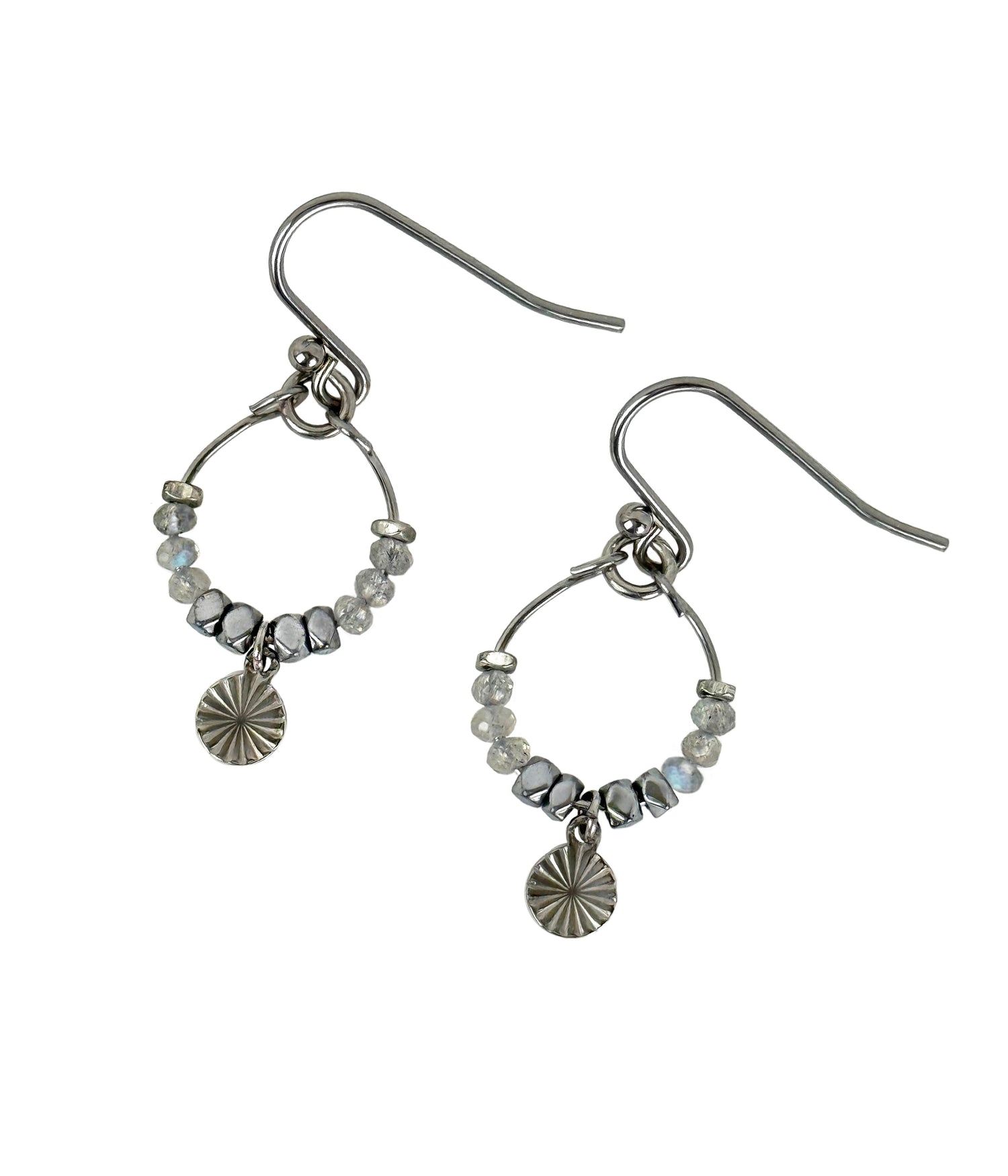 Stainless steel Nara labradorite gemstone beaded hoop with coin drop handcrafted by Alysian.