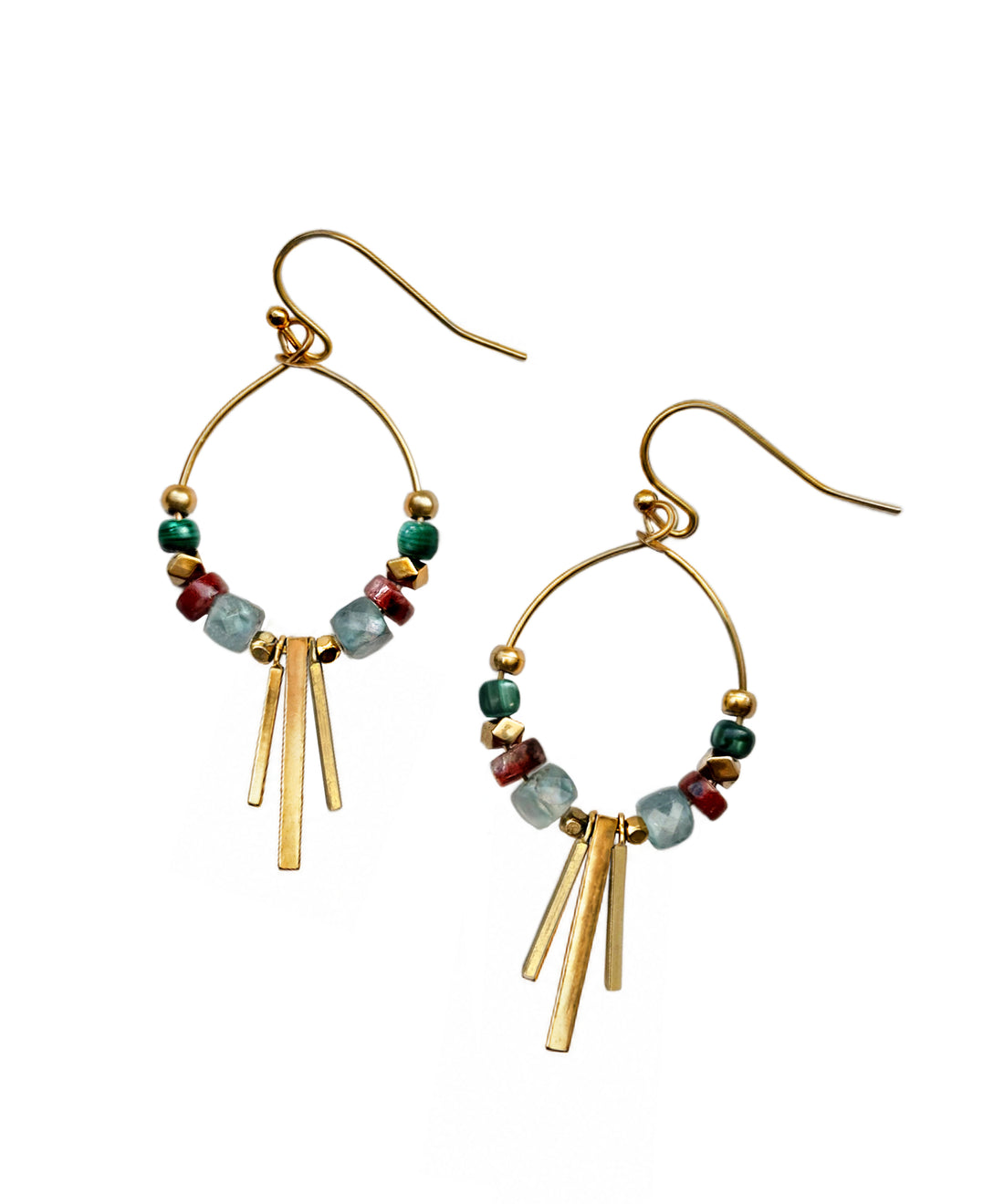 Pair brass hoop earrings with green malachite, sesame jasper and apatite gemstones with gold accents and brass metal fringe – A handcrafted beaded hoop earring by Alysian.