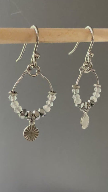 A video of the Nara labradorite gemstone beaded stainless steel hoop earrings up close.