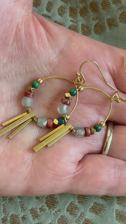 Soren apatite and malachite gemstone hoop earring shimmering as it&