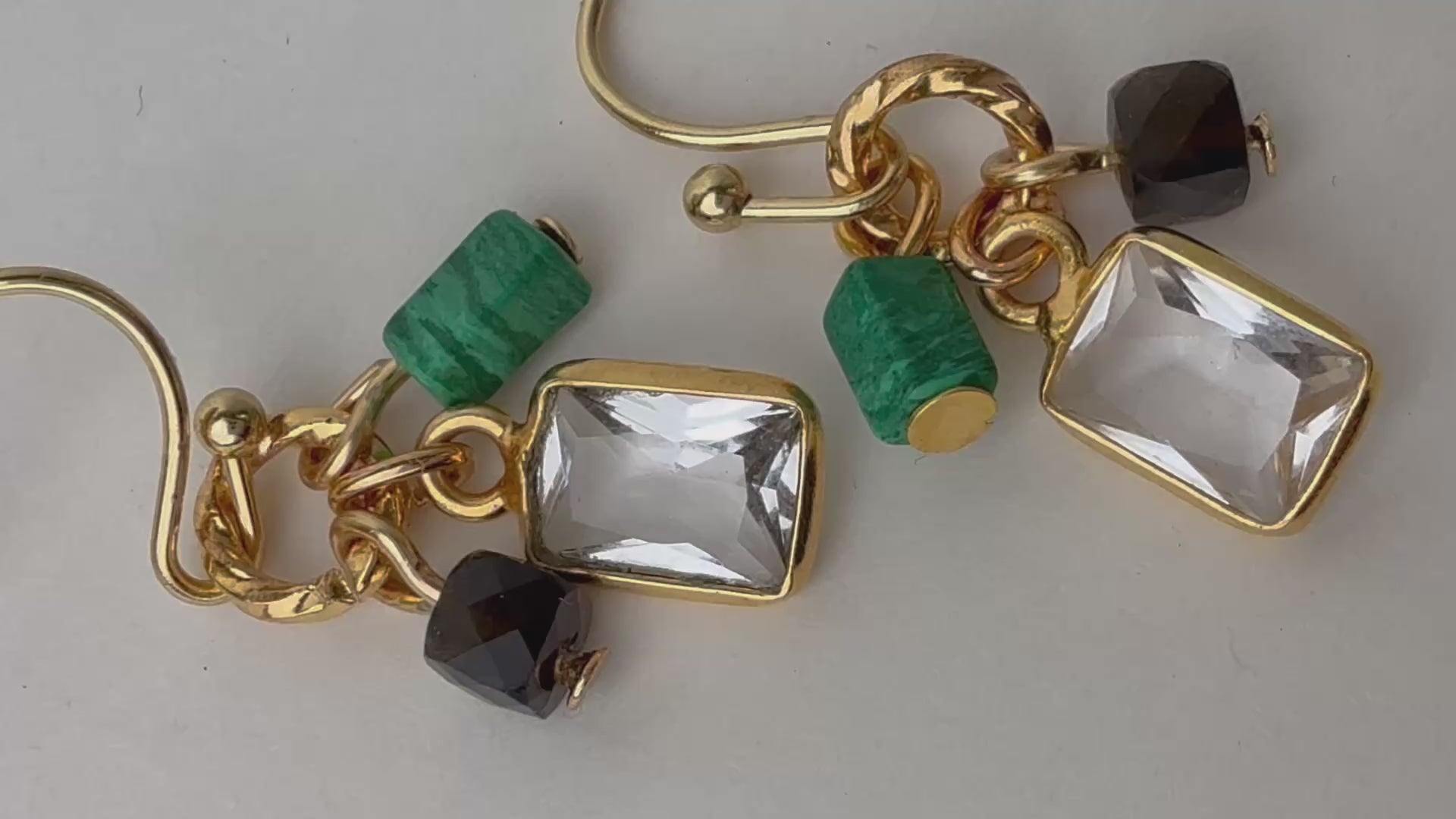 Gemstone cluster drop earrings with malachite and clear quarts, handcrafted by Alysian.